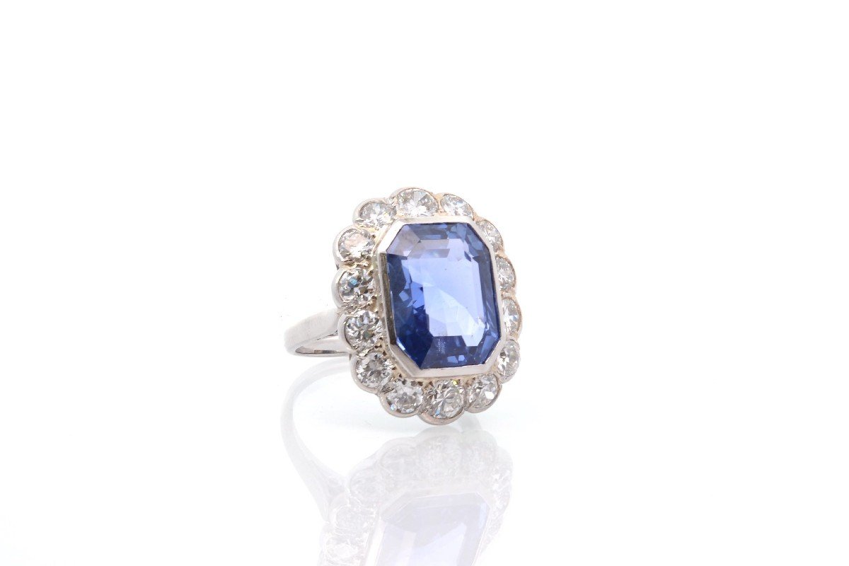 Bague Vintage Saphir De 8,46 Cts Et Diamants En Platine-photo-3