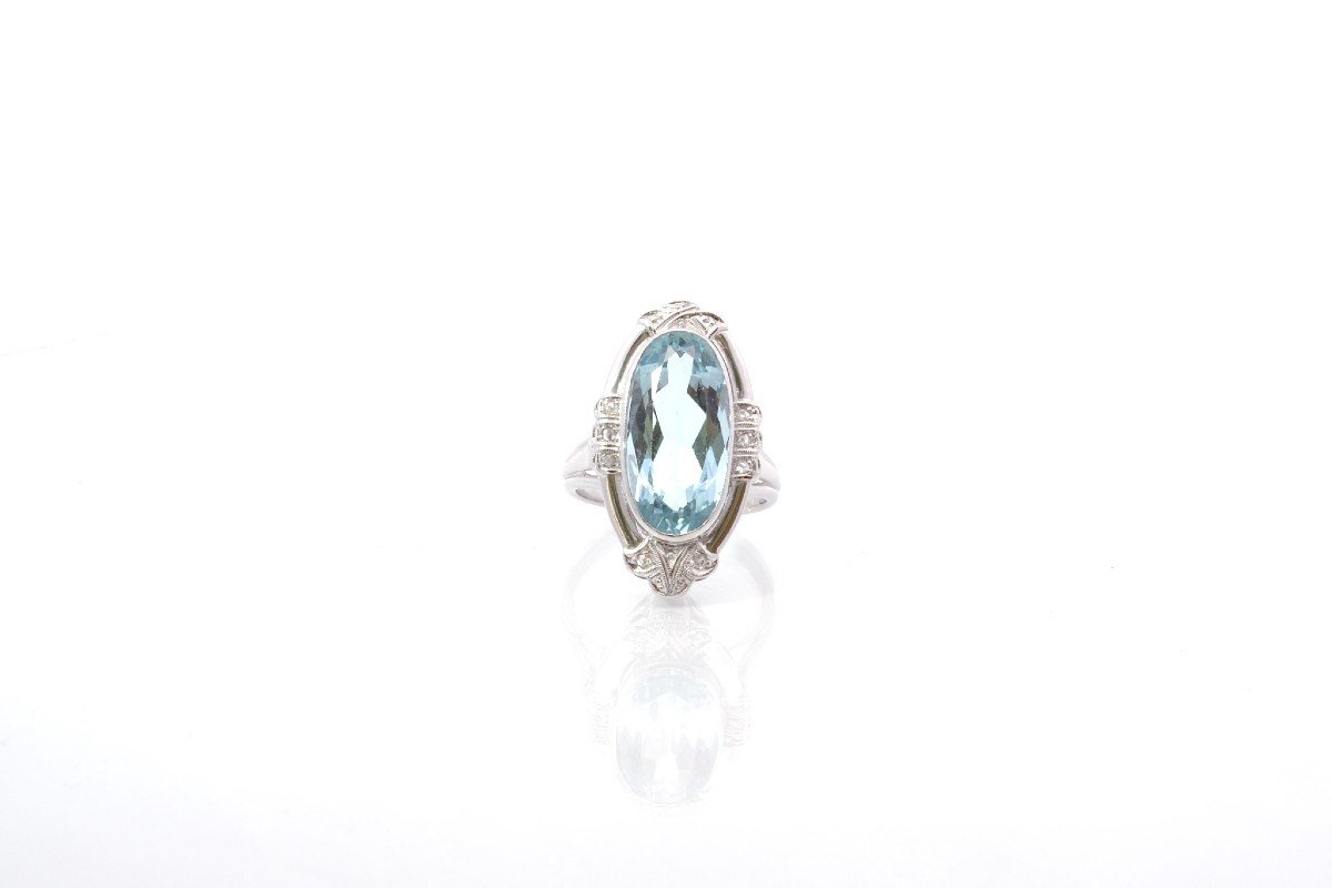Bague Vintage Aigue-marine Et Diamants En Or 18k-photo-2