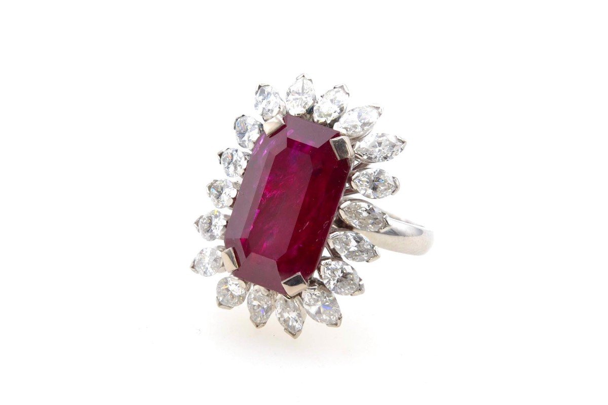 10.80 Carat Burmese Ruby And Navette Diamond Ring