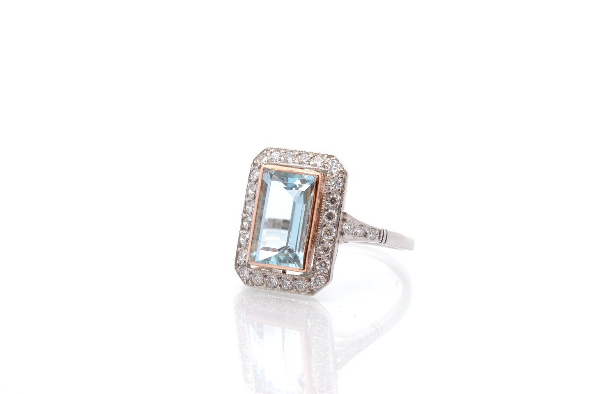Bague Art Déco Aigue-marine Et Diamants