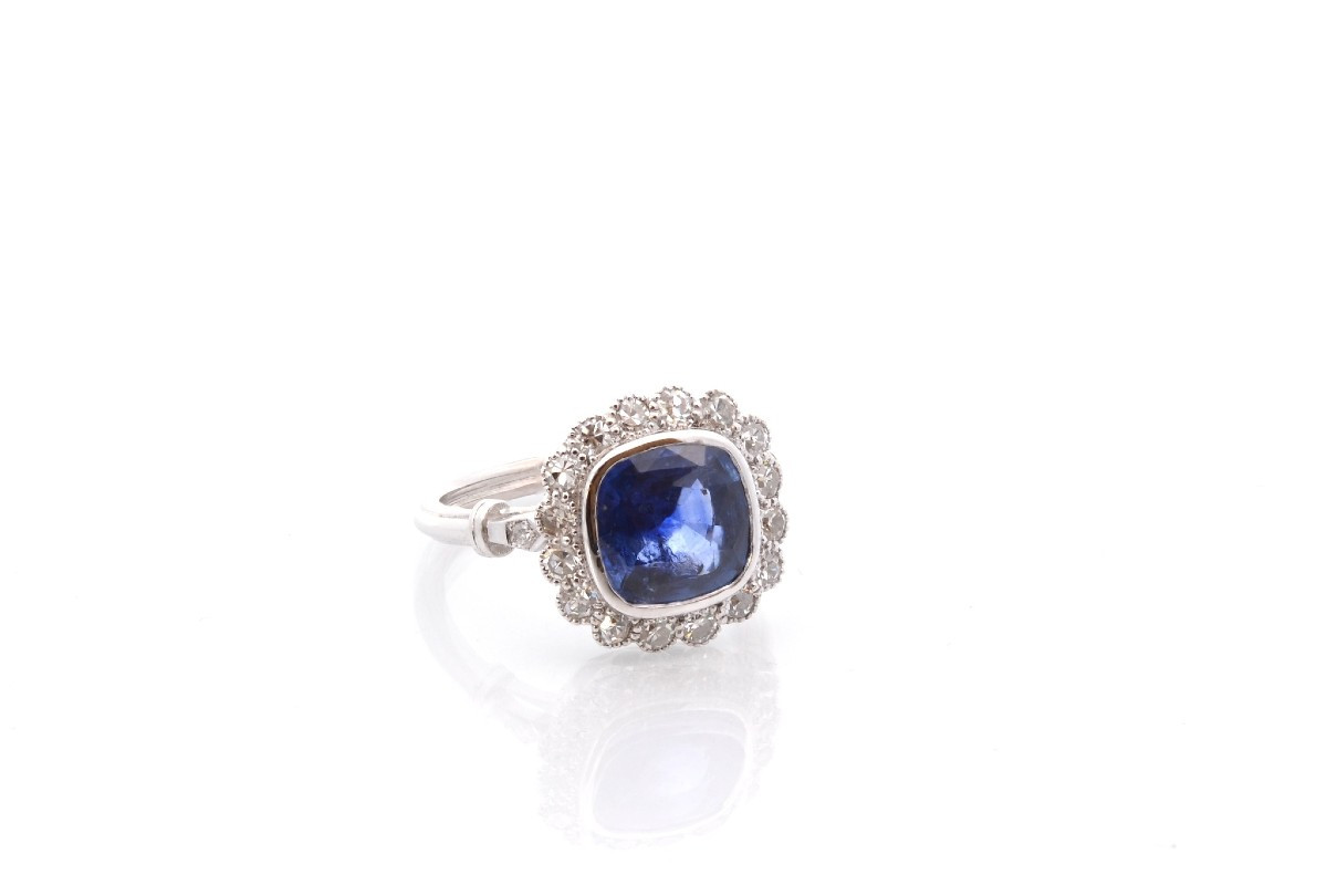 Bague Vintage Saphir De 2,83cts Et Diamants-photo-3