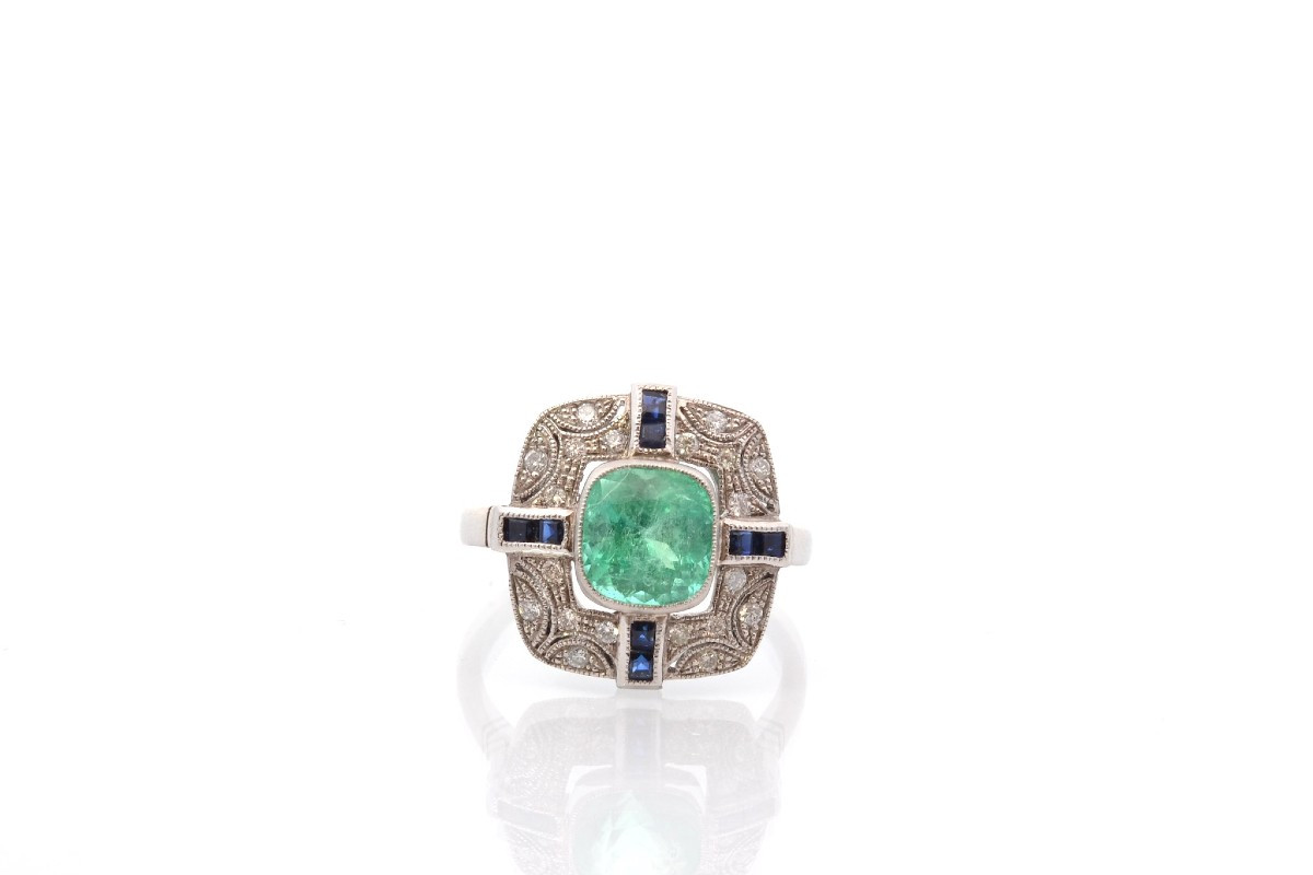 Bague art déco émeraude, diamants et saphirs-photo-2