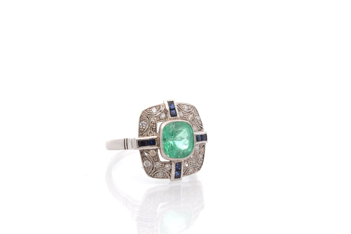 Bague art déco émeraude, diamants et saphirs-photo-3