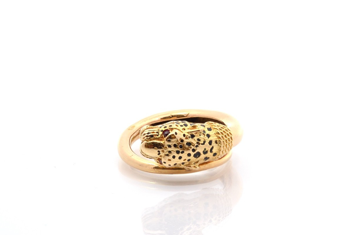 Vintage Panther Ring In 18k Gold And Enamel-photo-2