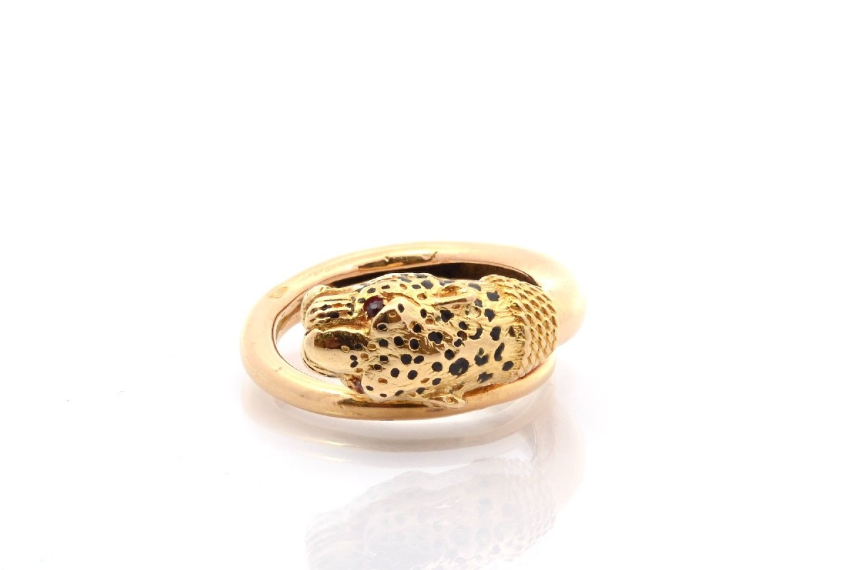 Vintage Panther Ring In 18k Gold And Enamel