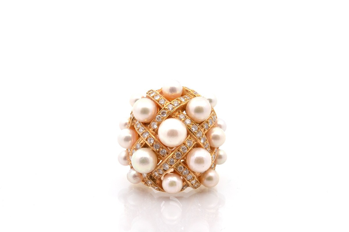 Pre-owned Cultured Pearl And Diamond Ring-photo-2