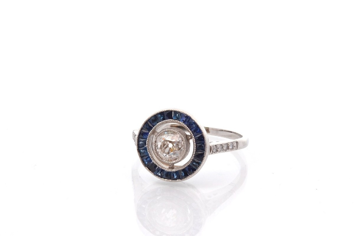 Bague art déco diamants et saphirs en platine