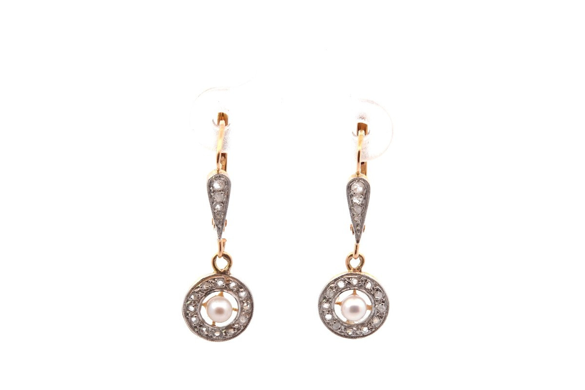 Boucles d’oreilles anciennes diamants et perles fines-photo-2