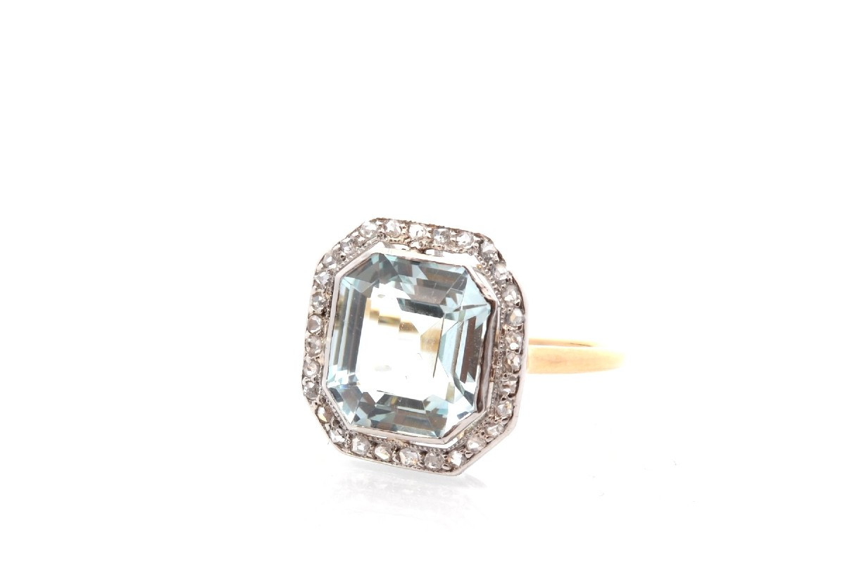Art Deco Ring With Aquamarine And Diamonds