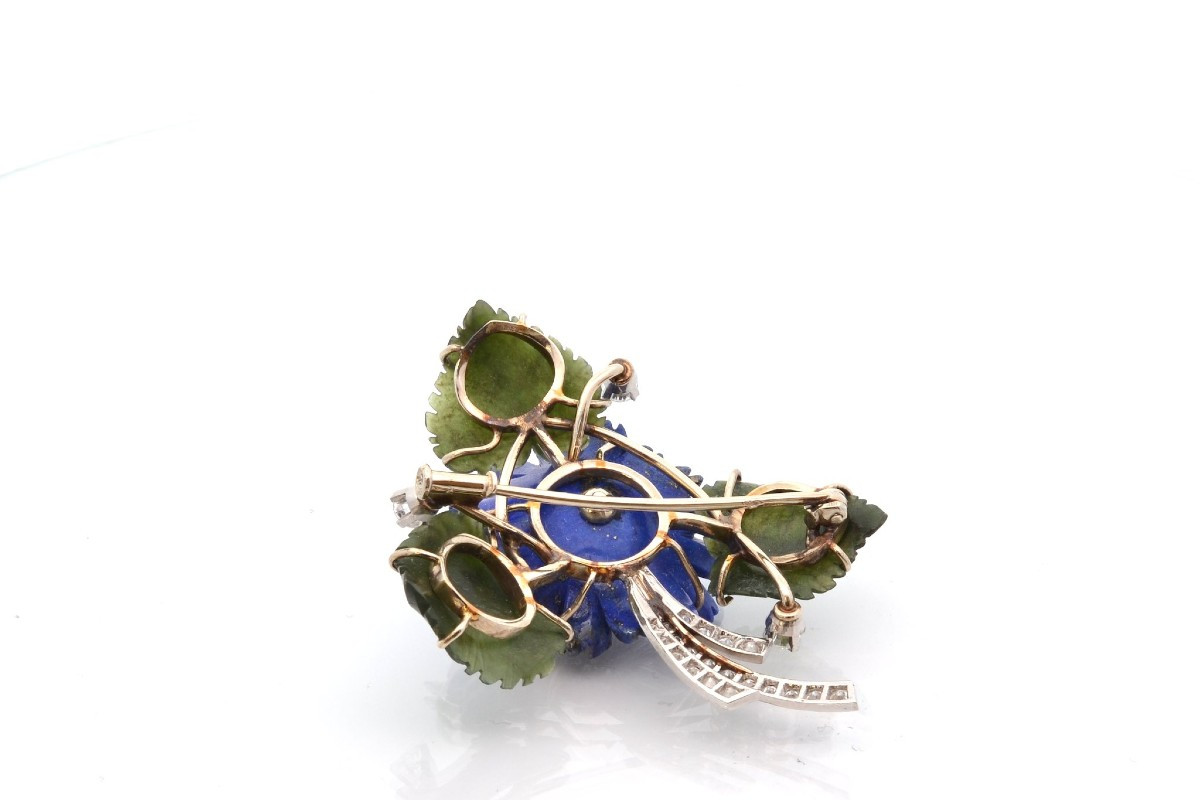 Broche vintage diamants, jade et lapiz-lazuli-photo-3