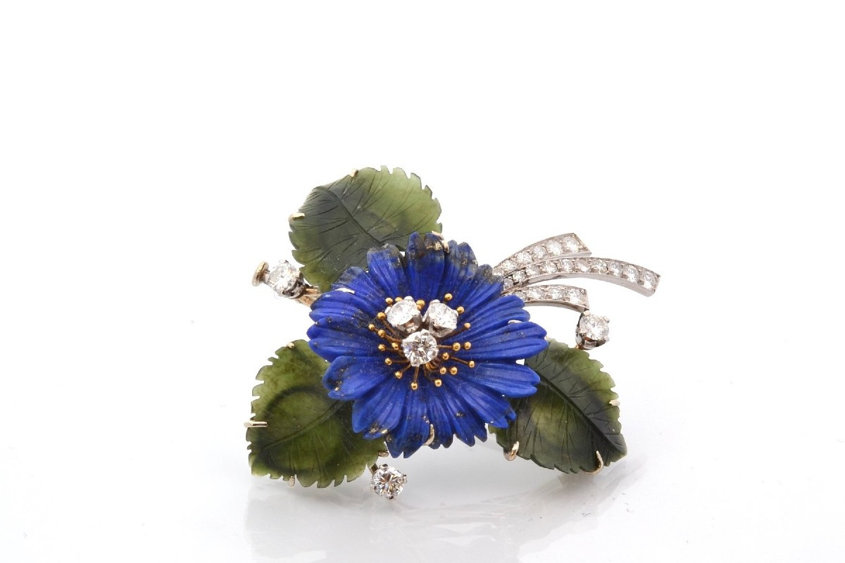 Broche vintage diamants, jade et lapiz-lazuli