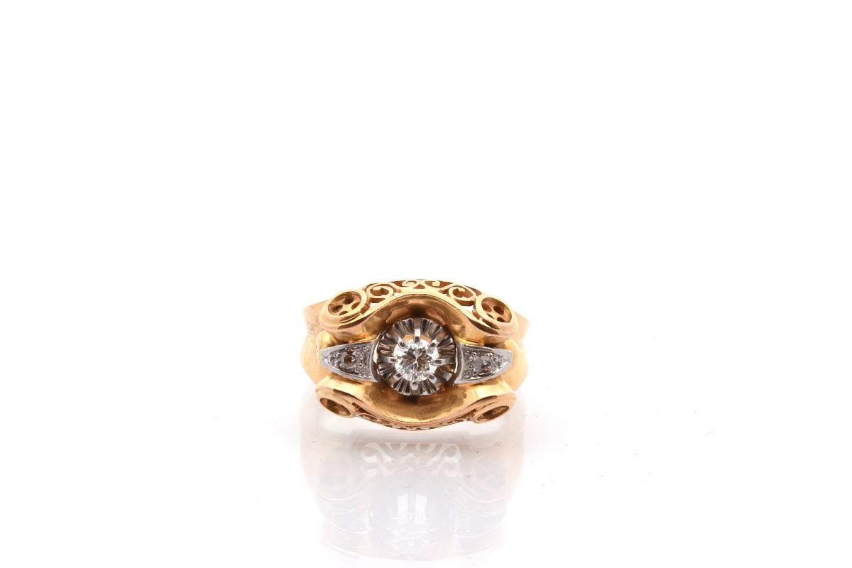 Vintage 18k Gold Diamond Tank Ring-photo-2