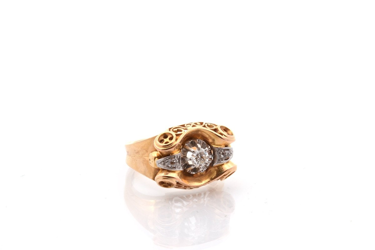Vintage 18k Gold Diamond Tank Ring-photo-3
