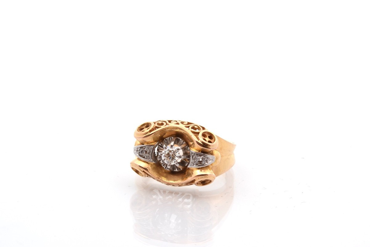 Vintage 18k Gold Diamond Tank Ring-photo-4