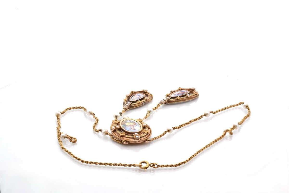 Collier ancien 19e perles fines et miniature porcelaine-photo-2