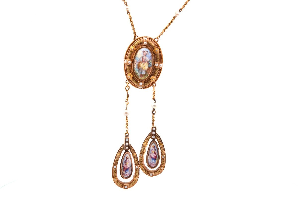 Collier ancien 19e perles fines et miniature porcelaine