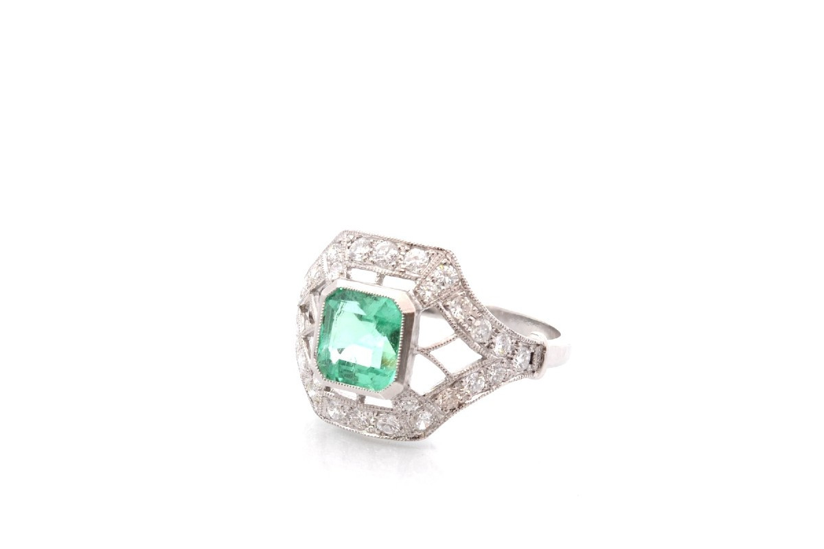 Emerald And Diamond Art Deco Ring