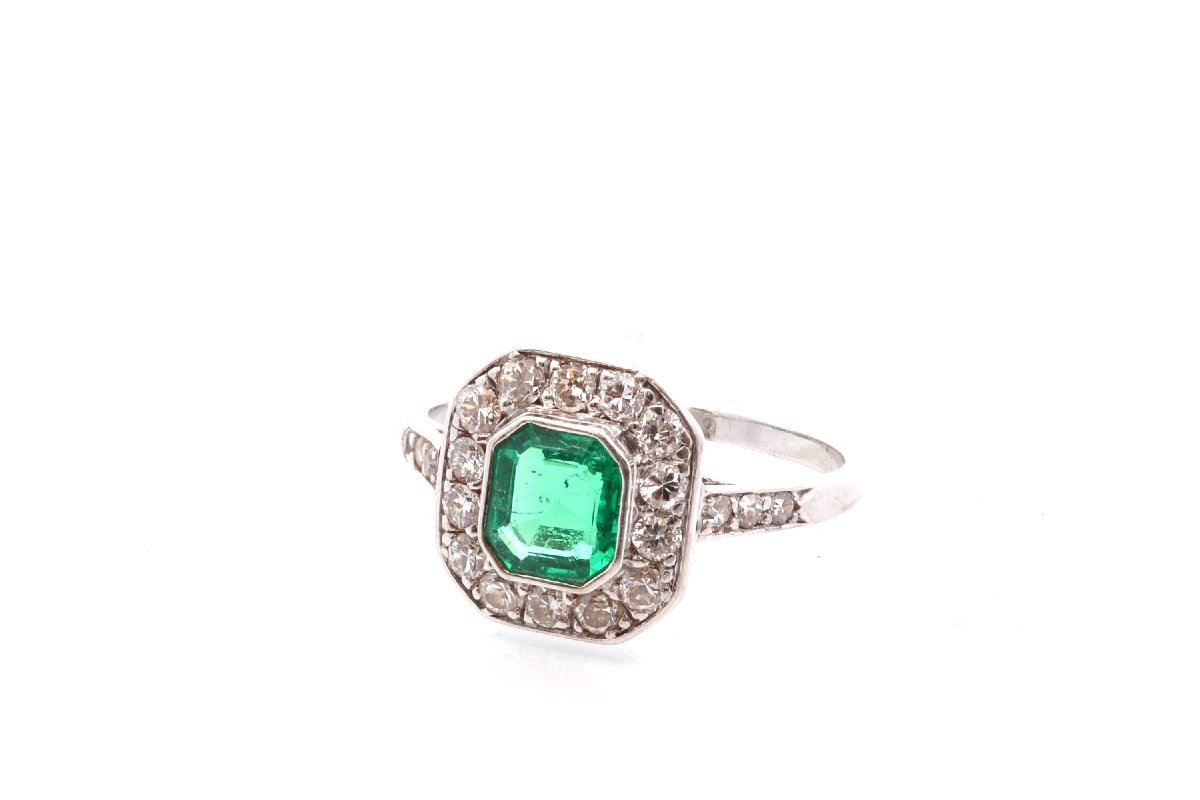 Emerald And Diamond Art Deco Ring