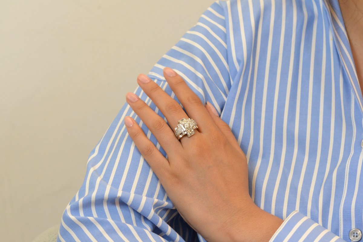 Bague vintage 1940 diamants en platine et or-photo-1