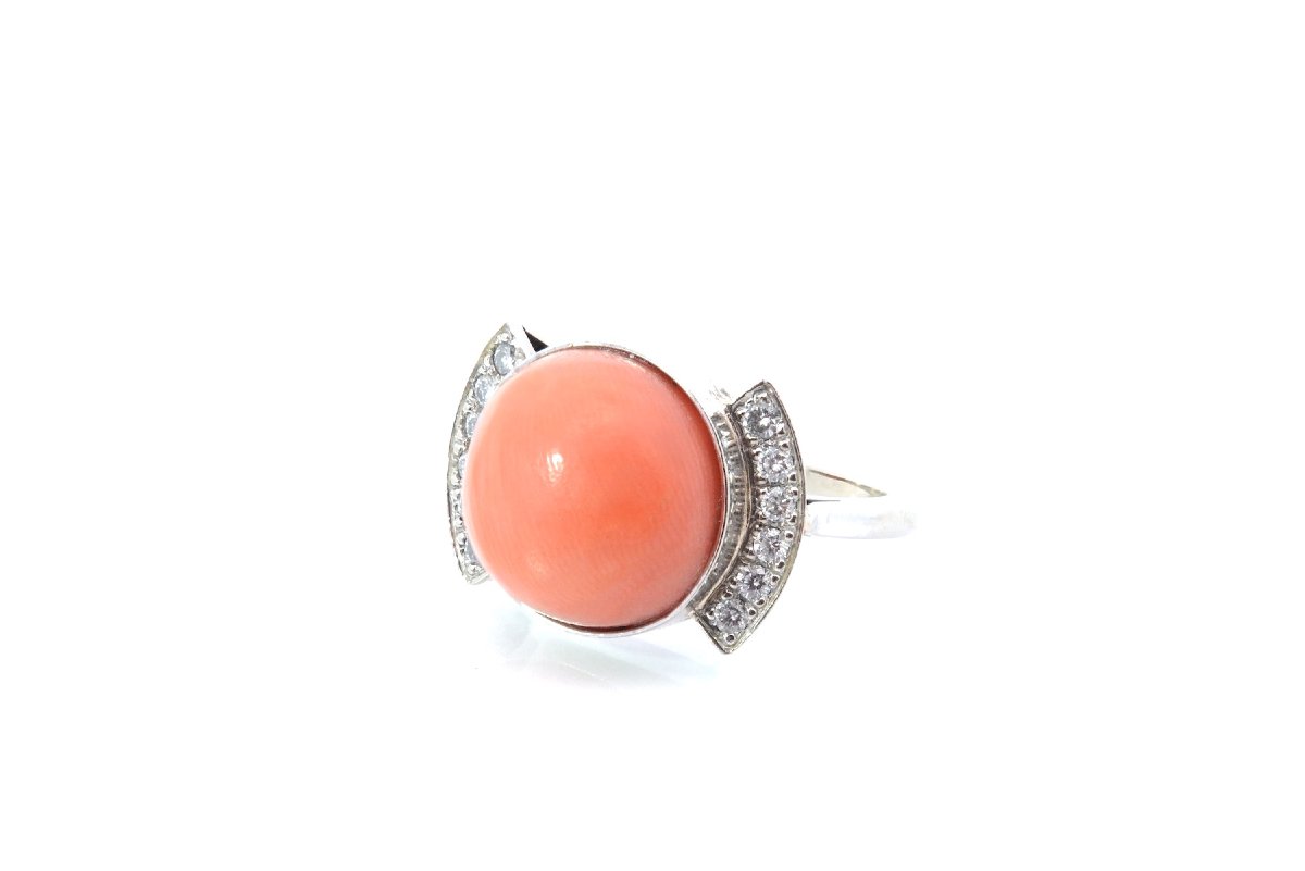 Vintage 18k Gold Coral And Diamond Ring-photo-2