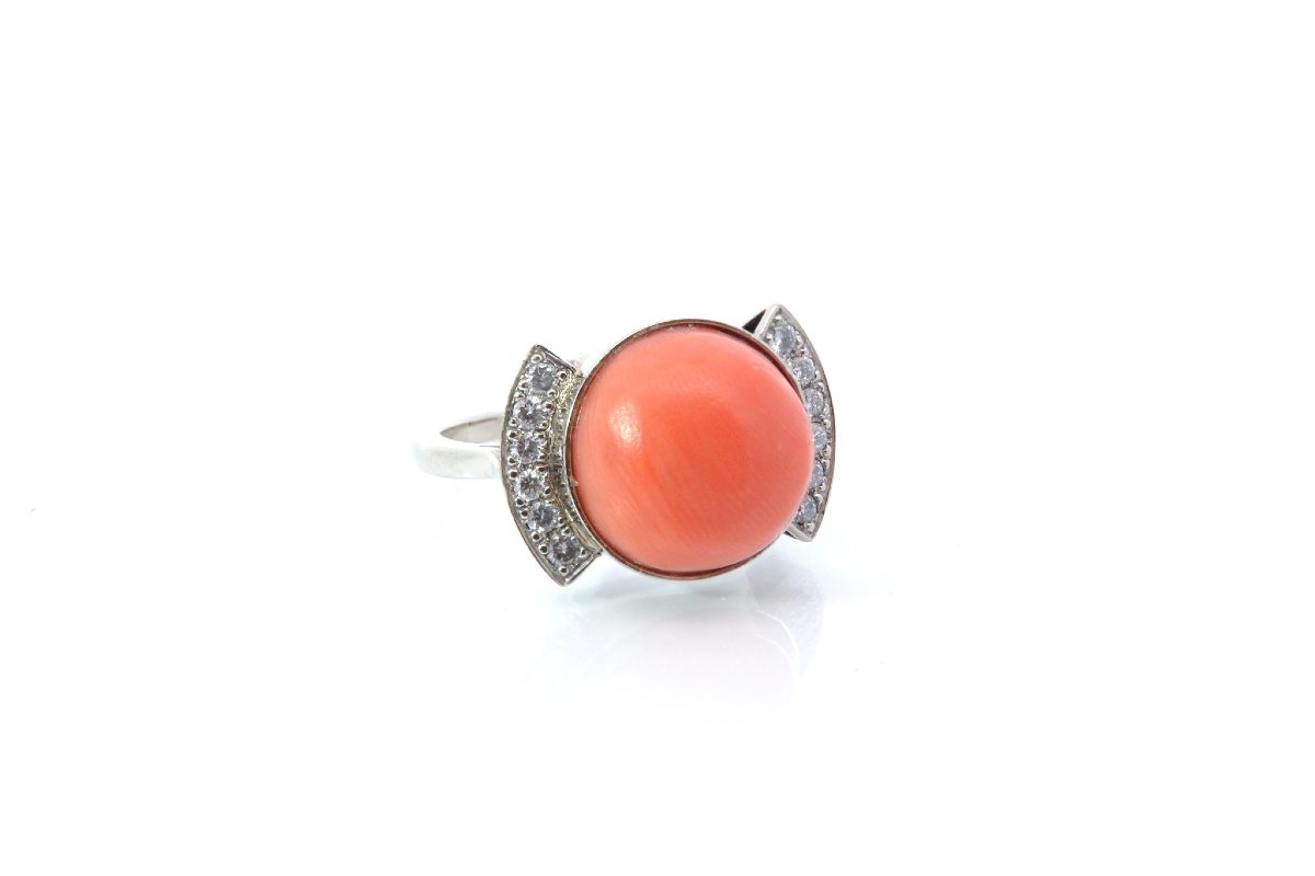 Vintage 18k Gold Coral And Diamond Ring-photo-3