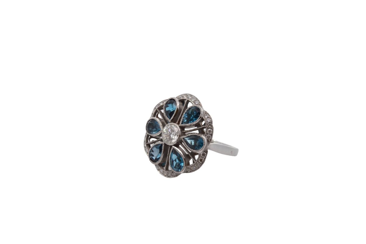 Bague diamant et topazes en or 14k