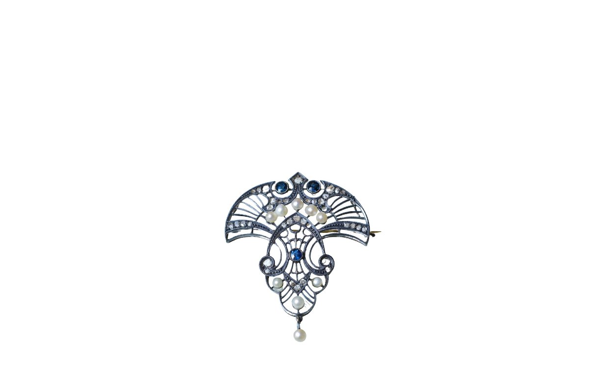 Broche art nouveau perles fines, diamants et saphirs