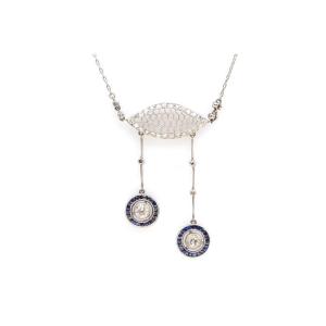 Négligé 1920 Sapphires And Diamonds Pendant Necklace In Platinum