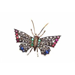 19th Century Butterfly Brooch Diamonds And Precious Stones
