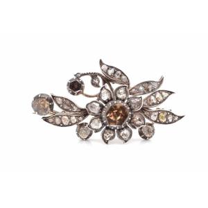 19th Diamond Roses Brooch In Silver And 18k Yellow Gold