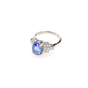 Bague Saphir De Ceylan Et Diamants En Or Blanc 18k