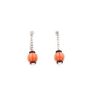 Boucles D’oreilles Corail Onyx Et Diamants