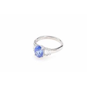 Bague Saphir De Ceylan Et Diamants Baguettes