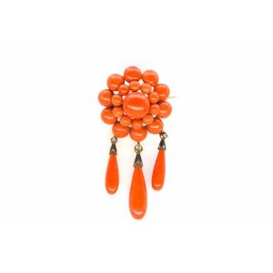 Broche Fin 19e Corail Et Diamants En Or Jaune 18k