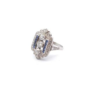 Art Deco Ring With Calibrated Diamonds And Sapphires