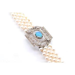 Collier Perles De Culture Et Motif Art Déco Diamants