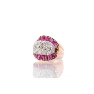 Tank Ring With Calibrated Diamonds And Rubies