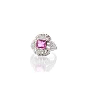 Bague Saphir Rose Et Diamants En Platine