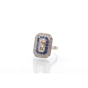 Vintage Art Deco Ring With Calibrated Diamonds And Sapphires