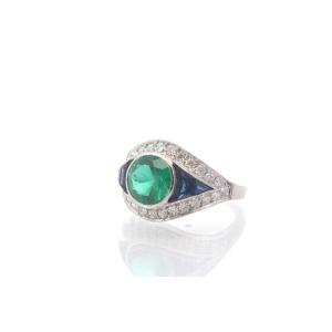 Art Deco Emerald, Sapphire And Diamond Ring In Platinum