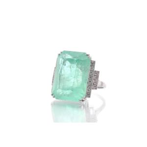 Emerald Ring Of 34.43 Cts And Diamonds In Platinum