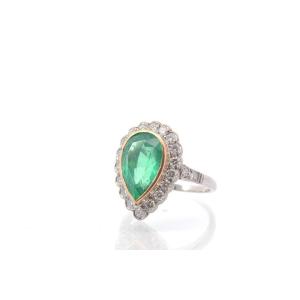 Vintage Emerald Pear And Diamond Ring In Platinum And Gold