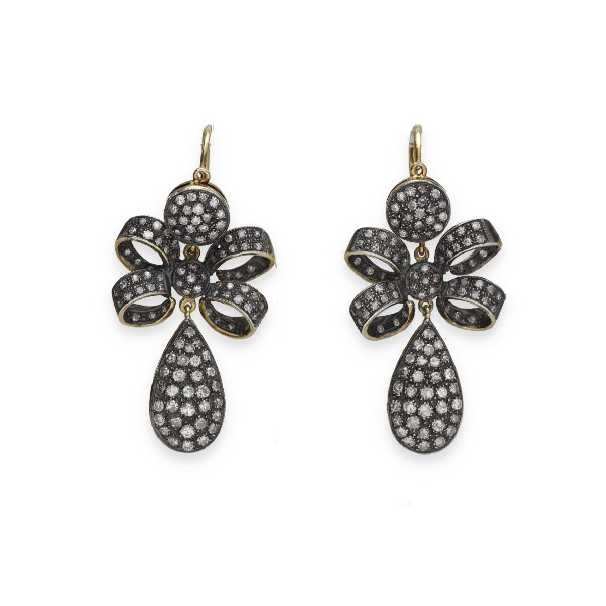  19th-century Style Earrings In Gold, Silver, And Diamonds
