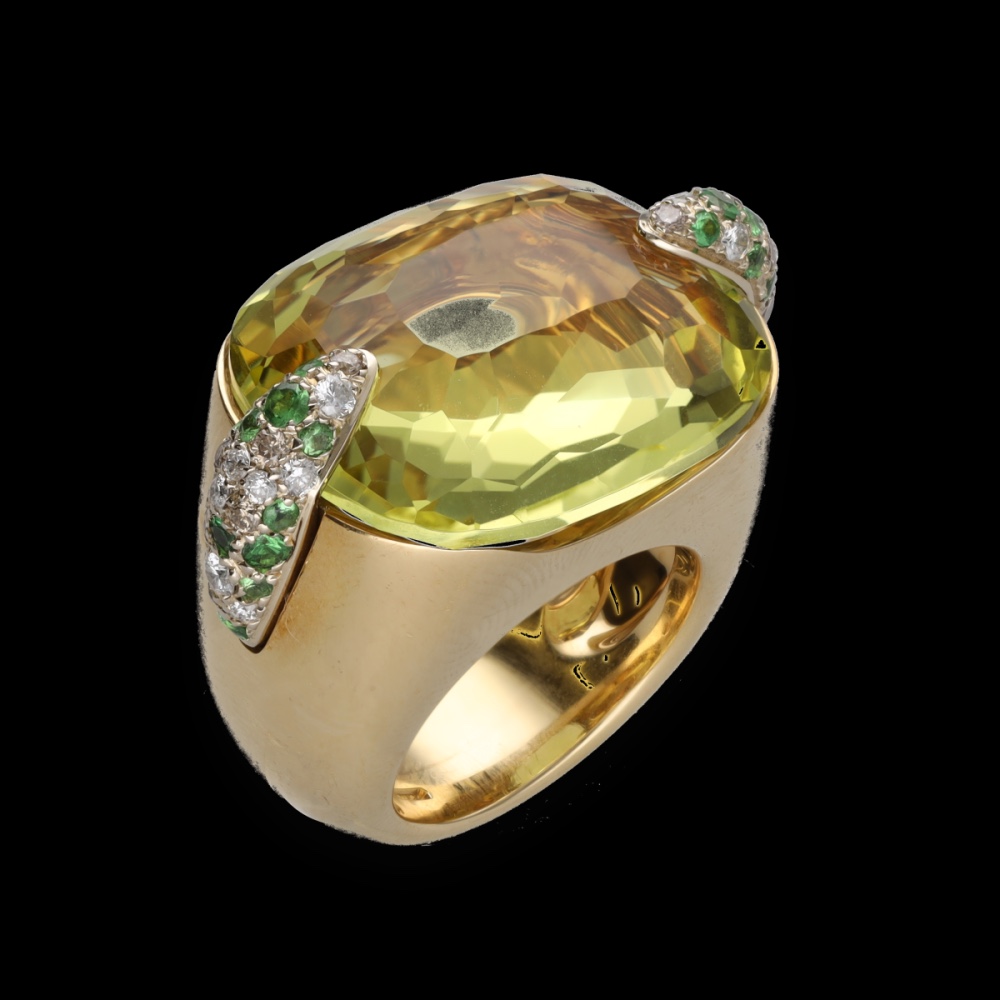 Pomellato Pin Up Ring In Yellow Gold With Yellow Quartz, Diamonds & Tsavorites.