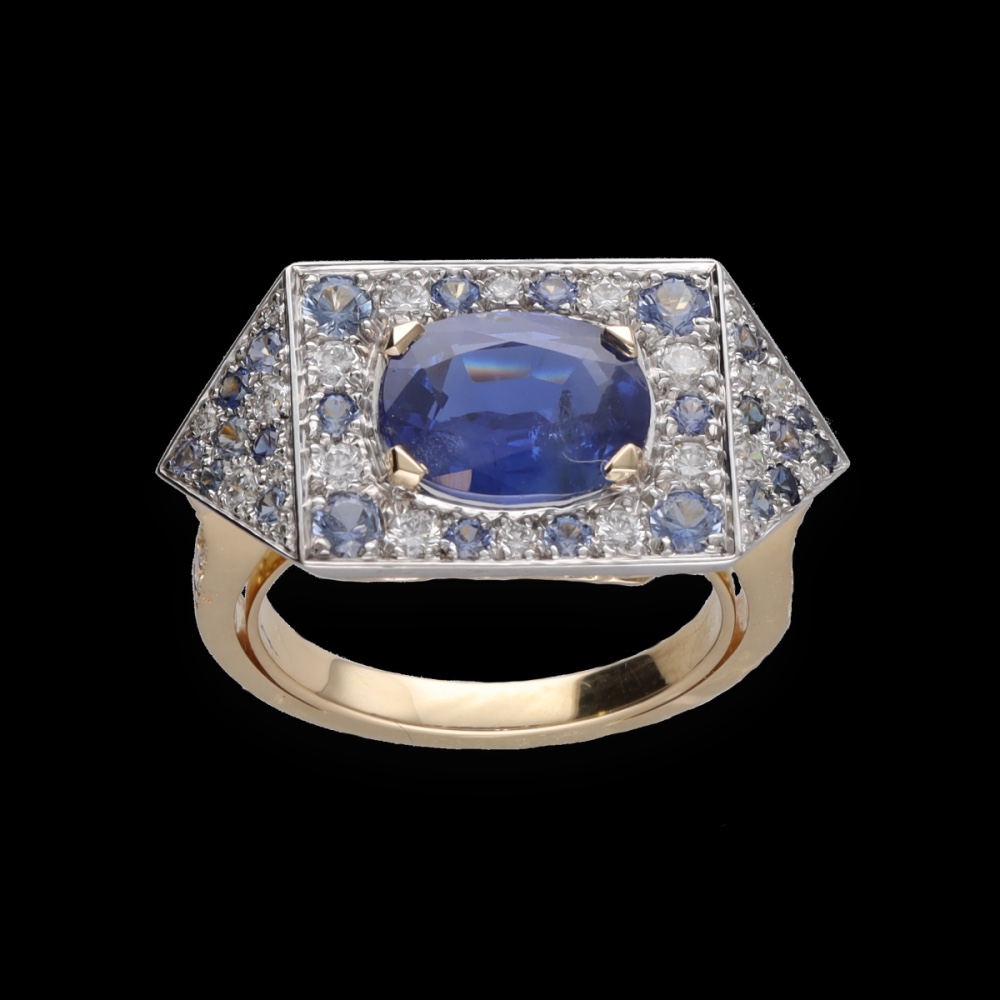 Bague avec un saphir de Ceylan non chauffé et diamants brillants en or jaune et gris-photo-2