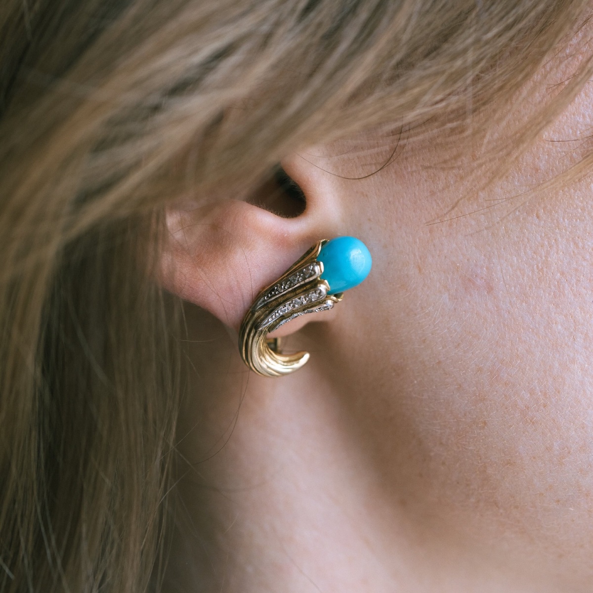 Boucles d’oreilles turquoises gouttes et diamants
