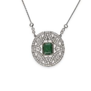  Collier diamants émeraude en or blanc