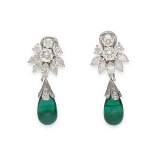 Boucles d’oreilles émeraude goutte et diamants