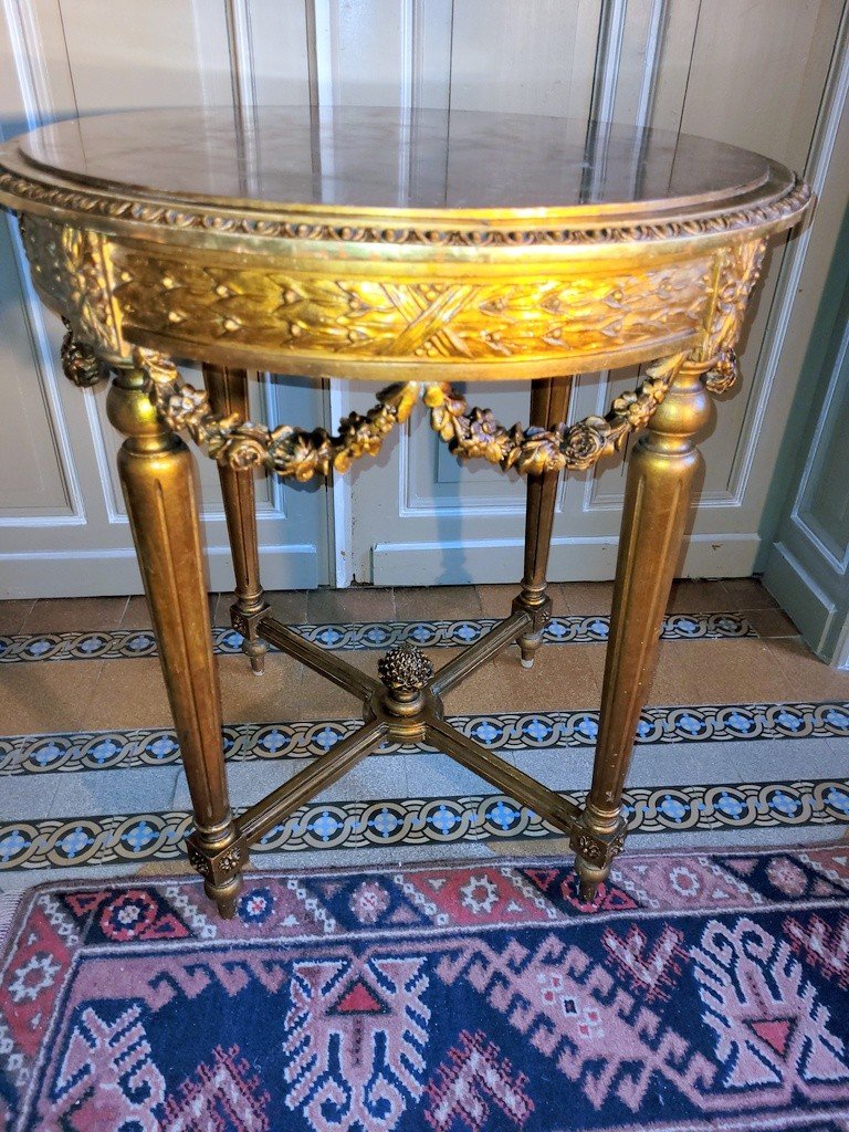 Louis XVI Pedestal Table In Gilded Carved Wood - Turquin De Caunes Marble - 19th Century-photo-2