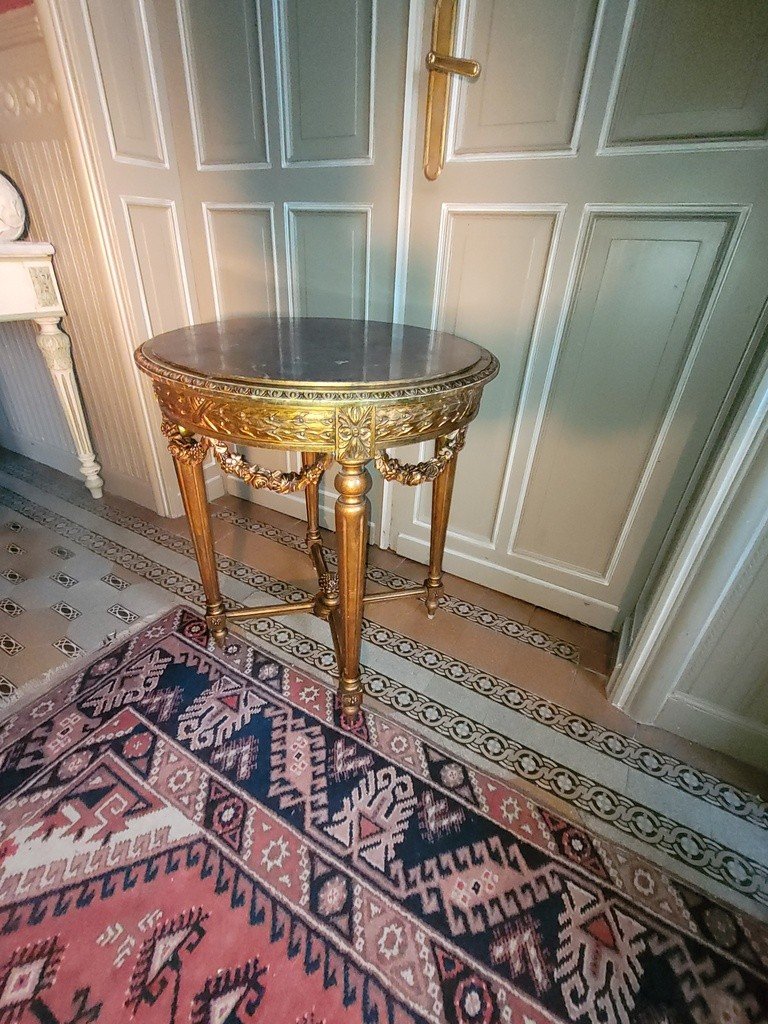 Louis XVI Pedestal Table In Gilded Carved Wood - Turquin De Caunes Marble - 19th Century-photo-3